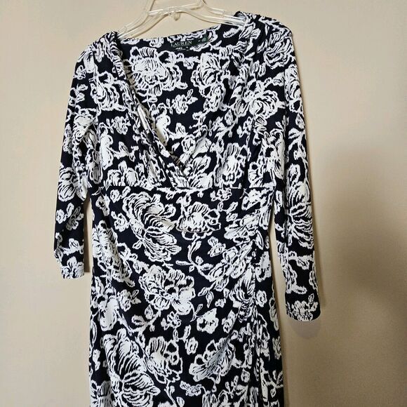 Lauren Ralph Lauren Size 10 Black & White Floral Long Sleeve Midi Wrap Dress - Picture 7 of 12